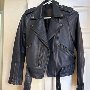 All Saints Dark Leather Moto Jacket in Squid Ink Blue